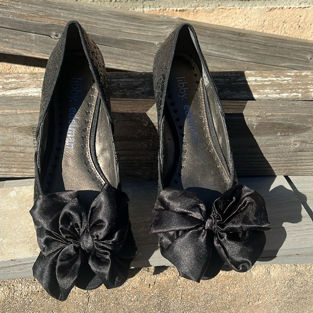 Libby . Edelman Black Glitter BIG Bow Flats. 🥿 Size 7. NWOT